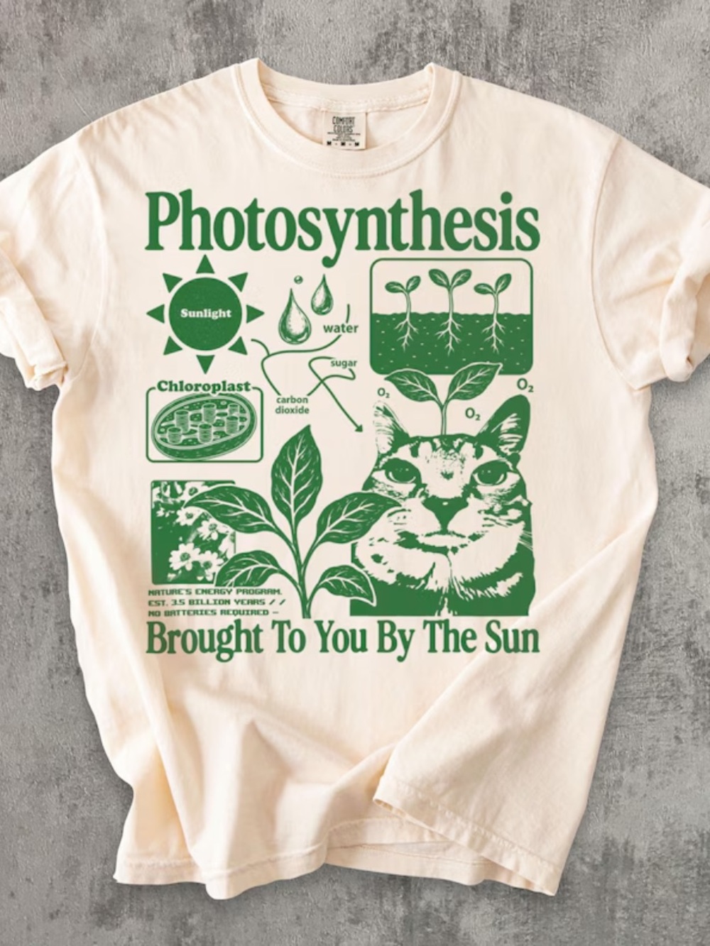 Photosynthesis Cat Graphic Tee - IVORY with Green Print